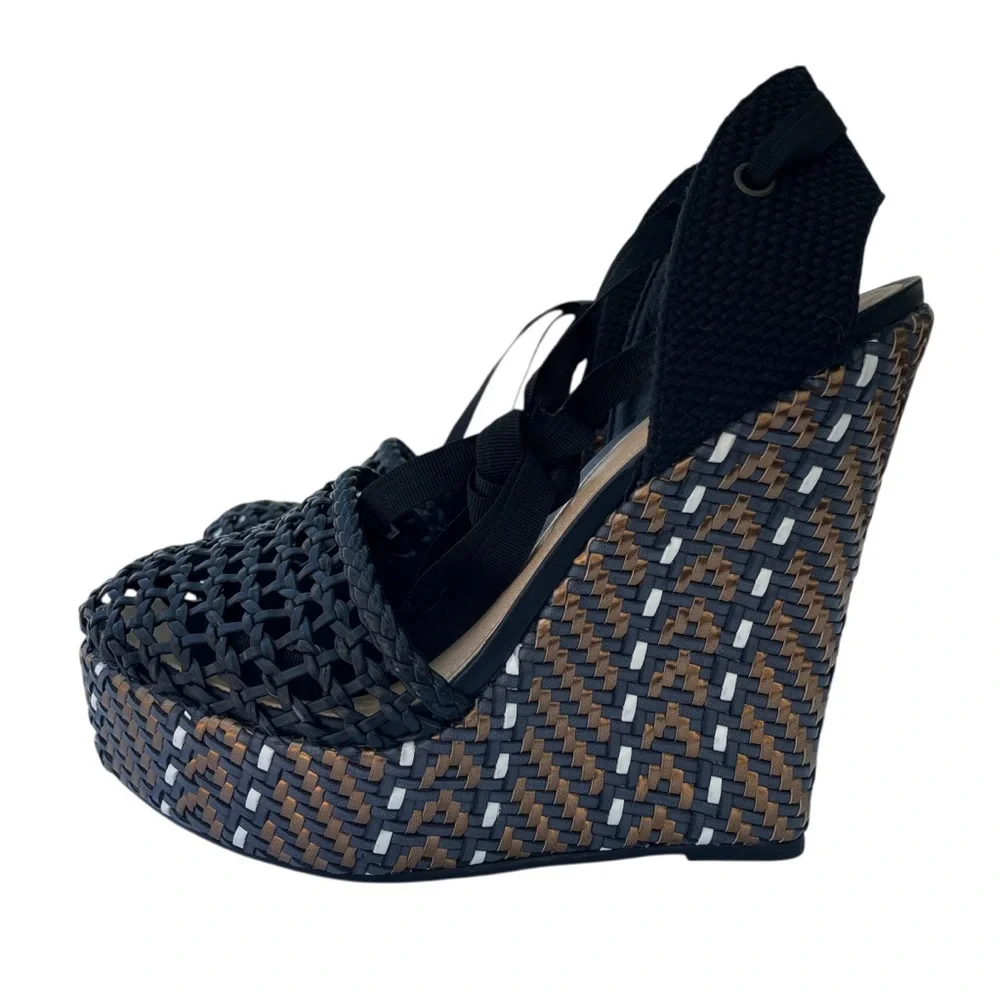 SCHUTZ Eymy Tresse Black and Bronze Wedge Platform Woven Detail Sz. 9.5